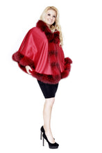 Load image into Gallery viewer, Red Cashmere Cape with Dyed Cross Fox
