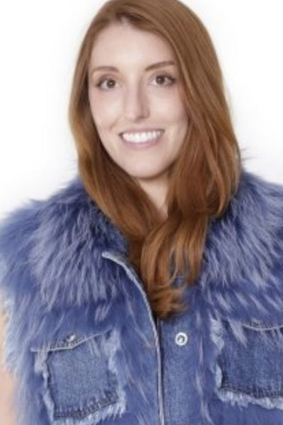 Blue Denim Vest with Blue Dyed feathered Raccoon