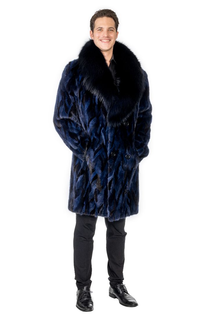 Men's Blue Dyed Ranch Mink Coat with Black Fox Collar