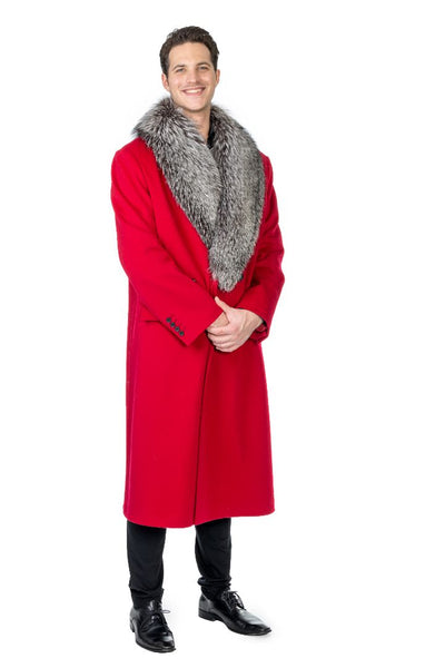 Men's Loro Piana Red Wool Coat with Silver Fox Collar Collar