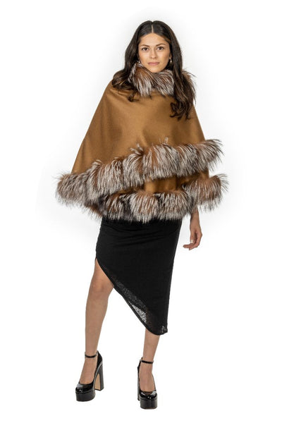 Camel Cashmere Cape with Crystal Fox