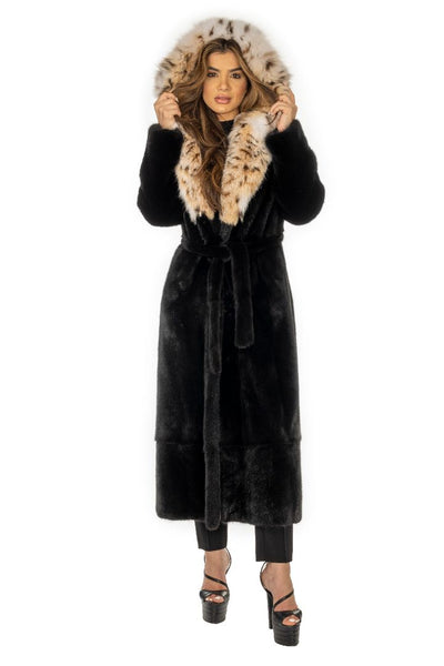 Ranch Mink Coat with Cat Lynx Cape Collar and Hood