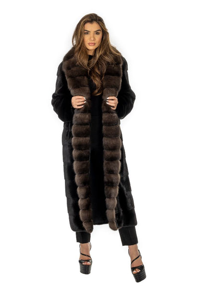 Ranch Mink Coat with Brown Sable Cross Cut Collar and Tuxedo Front