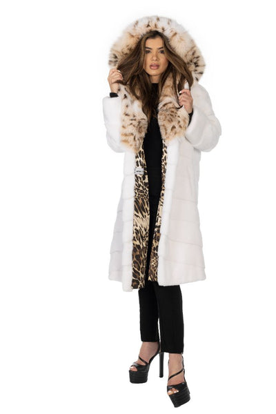 White Mink Coat with Cat Lynx Hood