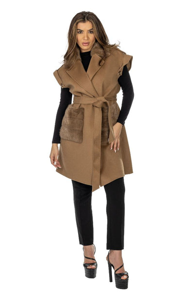 Camel Cashmere Long Vest with Mink Trim