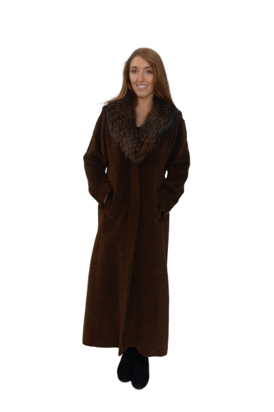 Brown Alpaca Coat with detachable Trim Raccoon Collar Media 1 of 1