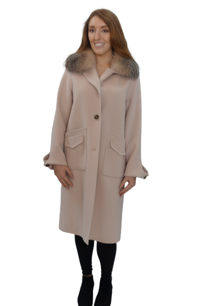 Cream Wool Coat with Crystal Fox Collar