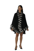 Load image into Gallery viewer, Black Cashmere Cape with Chinchilla Trim
