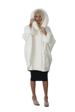 Load image into Gallery viewer, White Alpaca Hooded Cape with White Fox Trim
