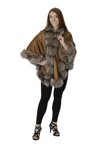 Camel Cashmere Cape with Crystal Fox
