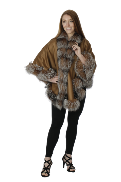 Camel Cashmere Cape with Crystal Fox