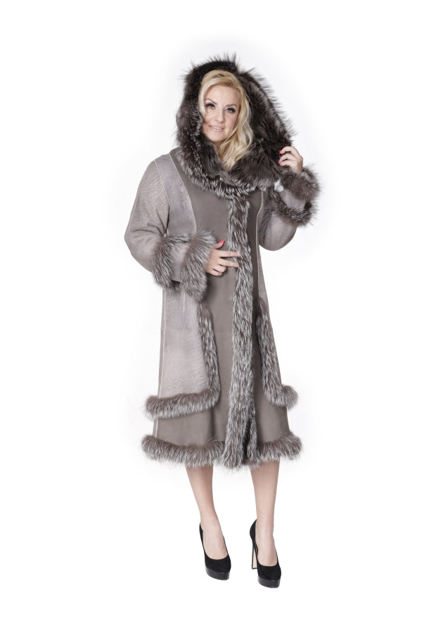 Grey Shearling Coat with Silver Fox