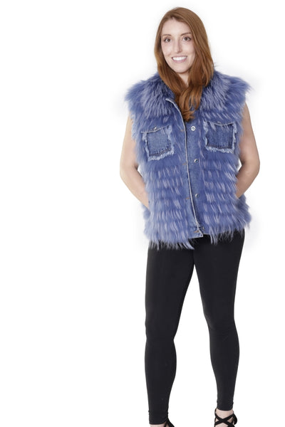 Blue Denim Vest with Blue Dyed feathered Raccoon