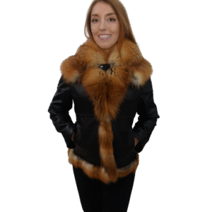 Black Lambskin Leather jacket with red Fox Trim and Zip Out sleeves